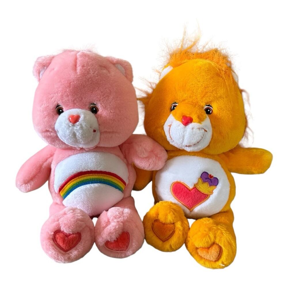 Vintage Care Bears Cheer Bear 2002 Cousins Brave Heart Lion 2004 13” Plush